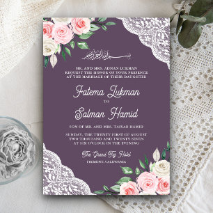 Convites Código QR Roxo com Renda Floral Rosa Casamento Muç