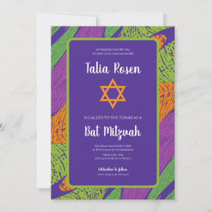 Convites Código QR Roxo e Verde de Bat Mitzvah Retro