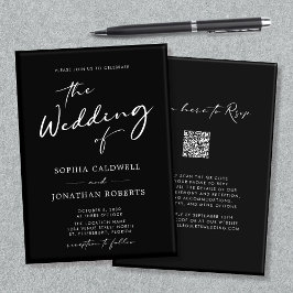Convites Código QR RSVP Caligrafia Preto e Casamento Branco