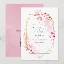Convites Código QR RSVP Casamento Geométrico Pink Cherry Bl