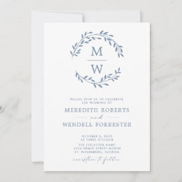 Convites Código QR RSVP Dusty Blue Monograma Wreath Casamen
