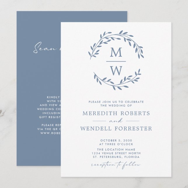 Convites Código QR RSVP Dusty Blue Monograma Wreath Casamen (Frente/Verso)