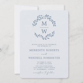 Convites Código QR RSVP Dusty Blue Monograma Wreath Casamen