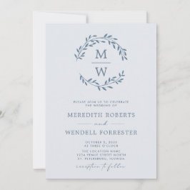 Convites Código QR RSVP Dusty Blue Monograma Wreath Casamen