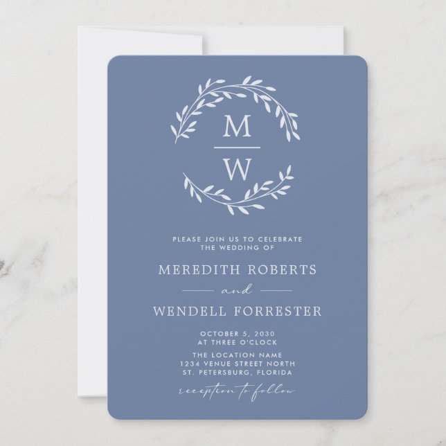 Convites Código QR RSVP Dusty Blue Monograma Wreath Casamen (Frente)