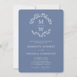 Convites Código QR RSVP Dusty Blue Monograma Wreath Casamen