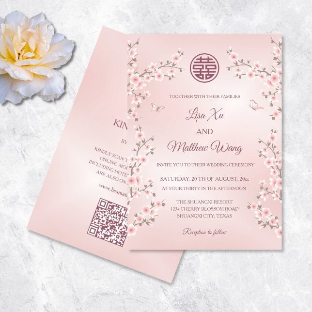 Convites Código QR Rubor Rosa Floral Casamento Chinês (Criador carregado)