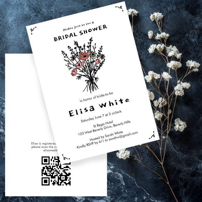 Convites Código QR Russo do Buquê de Flores Selvagens Brida (Wildflower Bouquet Rustic Whimsical QR Code Bridal Invitation
)