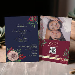 Convites Código QR Rústico Casamento Azul Marinho Borgonha