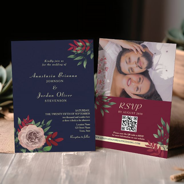Convites Código QR Rústico Casamento Azul Marinho Borgonha (Criador carregado)