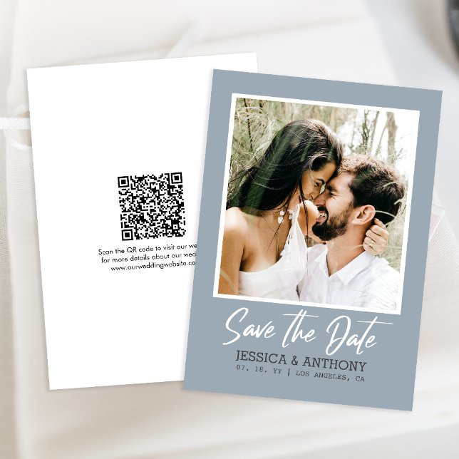 Convites Código QR Salva a Data Casamento de Foto Azul Dust (Save time and reduce wedding planning stress with this QR code Save the Date card.)