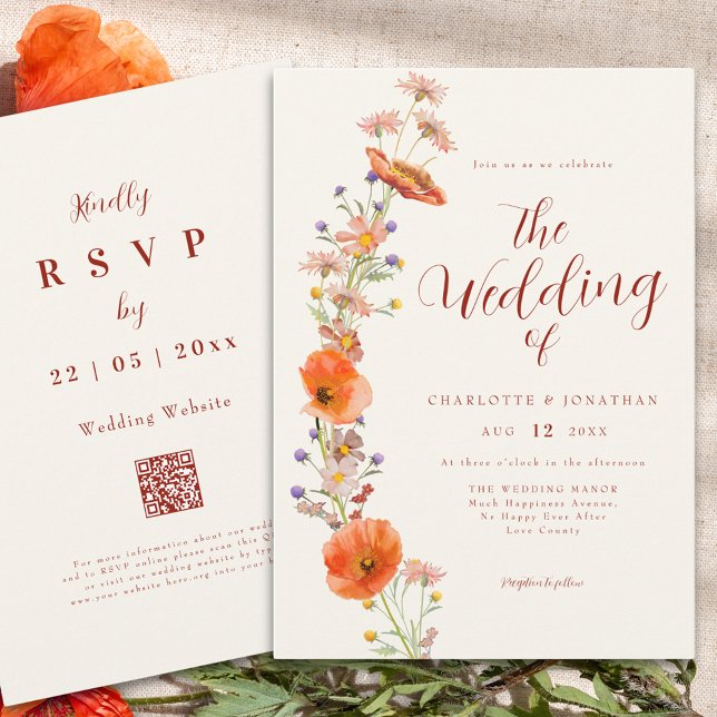 Convites Código QR Simples Boho Wildflower (Simple wildflower fall wedding qr code invitation in earthy tones)