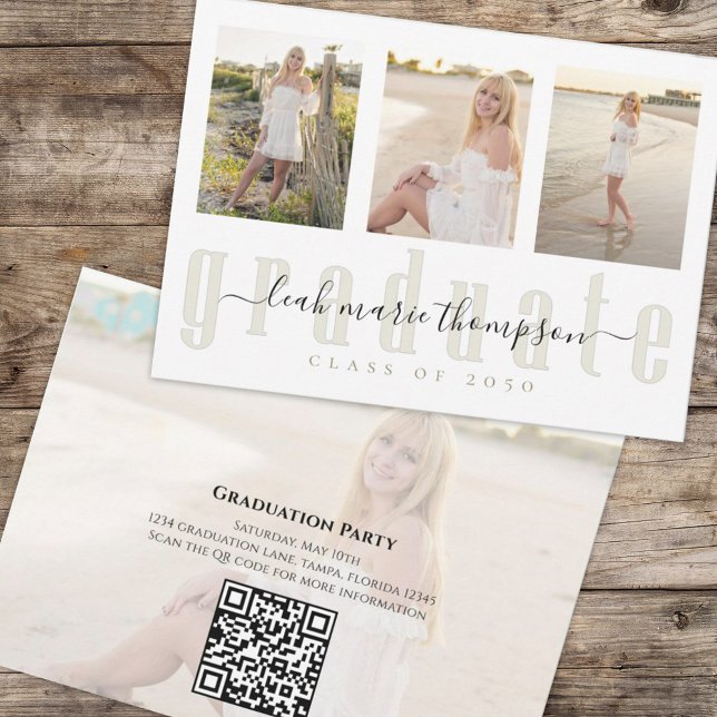 Convites Código QR Simples de Script de Caligrafia de Forma (Graduation multi-photo invitation template with a scannable QR Code. )