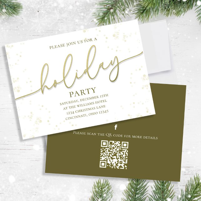 Convites Código QR Simples de Script de Caligrafia Dourada  (Holiday party gold gradient calligraphy script invitation. With a QR code. )