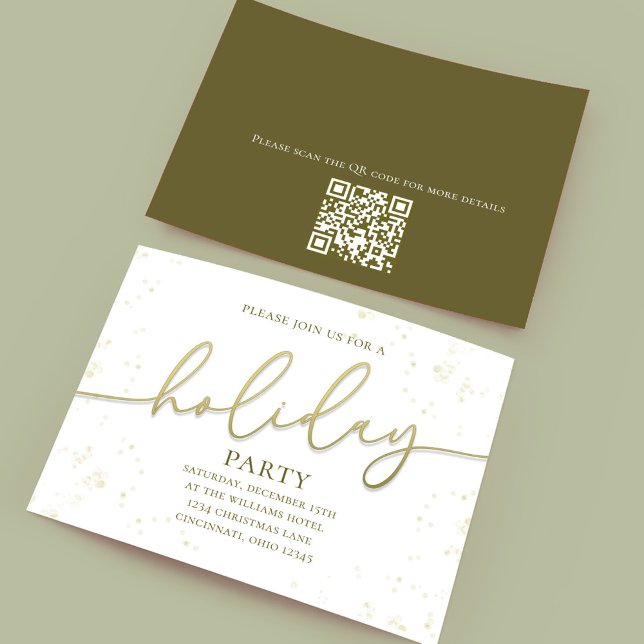 Convites Código QR Simples de Script de Caligrafia Dourada  (Holiday party gold gradient calligraphy script invitation. With a scannable QR Code.)