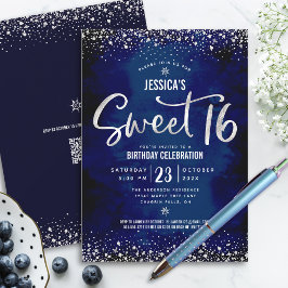 Convites Código QR Sweet 16 Script Silver Navy Aquarela