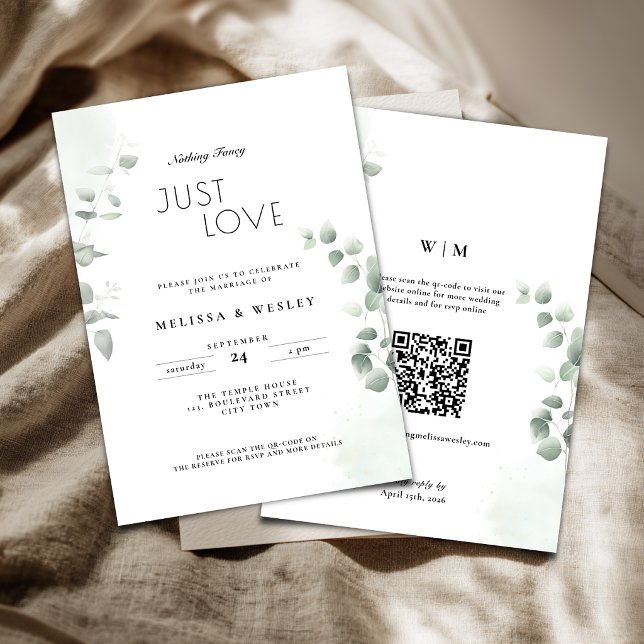 Convites Código QR Tendência Verde Apenas Amor Casamento (Nothing fancy just love wedding invitation with greenery eucalyptus details.)