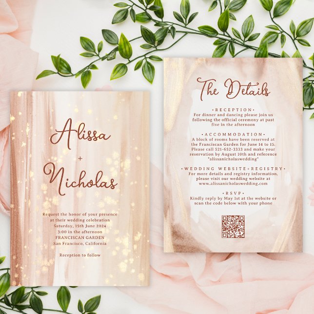 Convites Código QR Terracotta Dourada Watercolor Casamento  (Criador carregado)