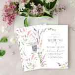 Convites Código QR Trendy Elegant Wildflower Wedding<br><div class="desc">Apresentando o Código QR Trendy Elegant Wildflower Wedding Convite! Todos vão adorar este belo e delicado cheio de convite para casamento de detalhes modernos e elegantes. Começa com um arranjo casual de lavanda lilás, flores silvestres pincéis, amarelas e azuis e verde botânico. Para começar, você pode personalizar seus detalhes acentuados...</div>