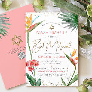 Convites Código QR Tropical Bat Mitzvah Floral Dourado Scri