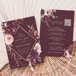 Convites Código QR Tudo em Um Casamento de Borgonha Romance<br><div class="desc">Este convite para o casamento apresenta uma coroa de dahlias, rosas de jardim e pedras em vermelho-burgundy, marrom, e pinceladas cor-de-rosa sobre o outono com uma falso estrutura em forma de diamante de ouro e detalhes do casamento, link no site de código QR na parte de trás. Para uma personalização...</div>