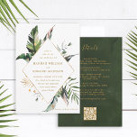 Convites Código QR Tudo em Um Casamento Dourado de Folhagem<br><div class="desc">Este convite para casamento "tudo em um" apresenta folhagem tropical verde-aquarela,  folha de palmeiras e folha de bananeira com os detalhes e um link de código QR no verso. É perfeito para uma praia,  verão,  Havaí ou casamento de destino. >>> Veja a coleção inteira >> https://www.zazzle.com/collections/tropical_foliage_gold_collection-119316977990783186</div>