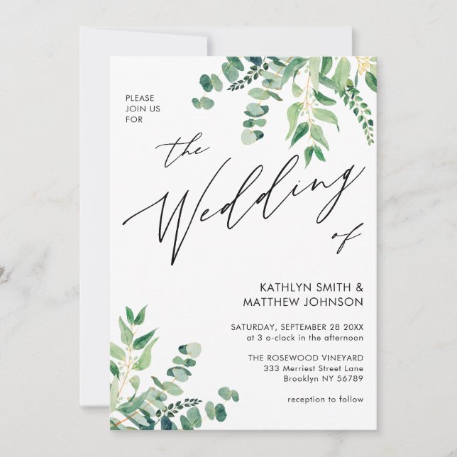 Convites Código QR Tudo Em Um Casamento Eucalyptus Greenery (Frente)