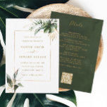 Convites Código QR tudo em uma única saída tropical Casamen<br><div class="desc">Este convite para casamento "tudo em um" apresenta folhagem tropical verde-aquarela, folha de palmeiras, folha de bananeira e folhas de ouro falsas com os detalhes e um link de código QR no verso. É perfeito para uma praia, verão, Havaí ou casamento de destino. >>> Veja a coleção inteira >> https://www.zazzle.com/collections/tropical_foliage_gold_collection-119316977990783186...</div>