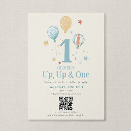 Convites Código QR Up Up Um Balão Vintage Primeiro Aniversá