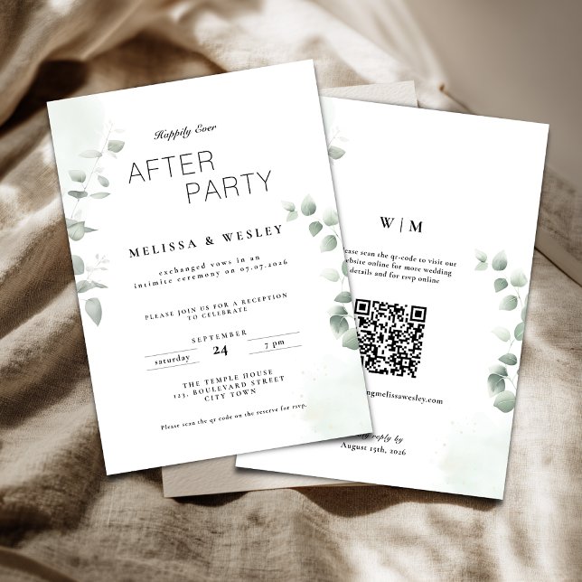 Convites Código QR Vegetação Festa Felizes para Sempre Casa (Happy ever after party wedding reception invitation with greenery eucalyptus details.)