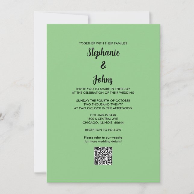 Convites Código QR Verde de Sage Casamento Simples de Scrip (Frente)