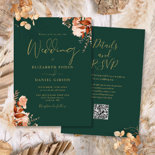 Convites Código QR Verde Esmeralda e Dourado para Casamento