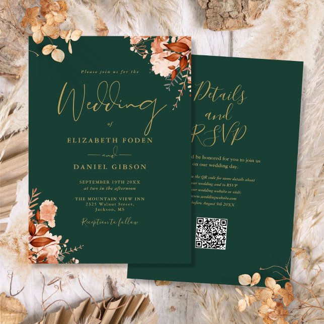 Convites Código QR Verde Esmeralda e Dourado para Casamento (Emerald Green And Gold QR Code Fall Wedding Invitation)