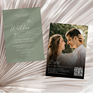 Convites Código QR Verde Sage Elegante Rsvp Foto Casamento