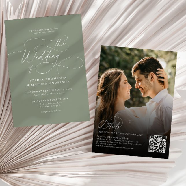 Convites Código QR Verde Sage Elegante Rsvp Foto Casamento (Criador carregado)