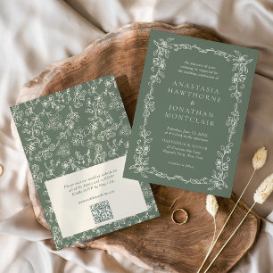 Convites Código QR Verde Sálvia Elegante para RSVP Casament