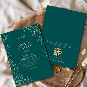 Convites Código QR Verde Teal e Casamento Mínimo Dourado de