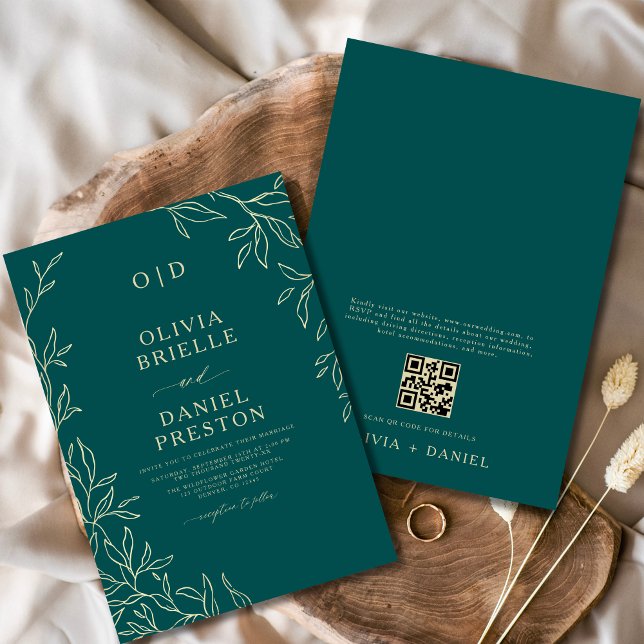 Convites Código QR Verde Teal e Casamento Mínimo Dourado de (Criador carregado)