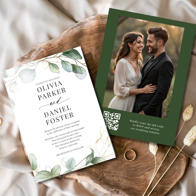 Convites Código Russo Eucalyptus QR Foto Casamento Verde (Criador carregado)