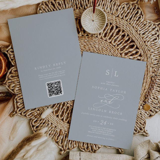 Convites Código SOPHIA QR Azul Costeiro Tudo em Um Casament (SOPHIA QR Code Coastal Blue All In One Wedding Invitation)