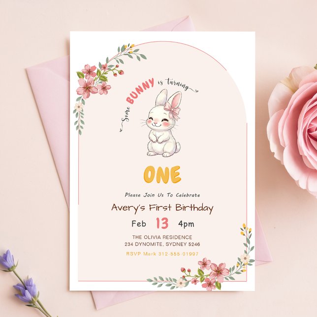 Convites Coelhinha Menina de Gingham Rosa Floral Aniversári (Criador carregado)