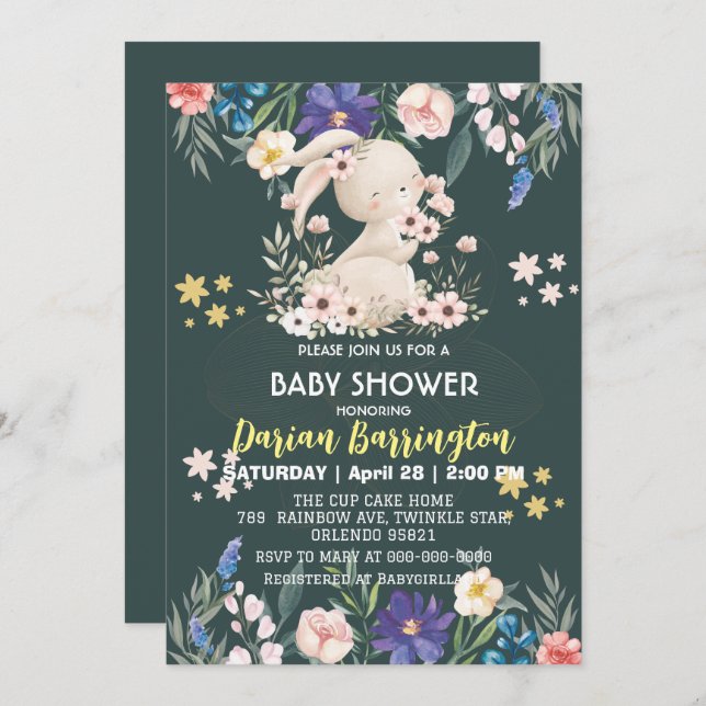 Convites Coelhinha rosa-branca flores de coelho bebê chá (Frente/Verso)