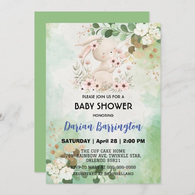 Convites Coelhinha rosa-branca flores de coelho bebê chá (Frente/Verso)