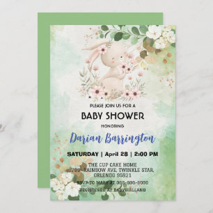 Convites Coelhinha rosa-branca flores de coelho bebê chá