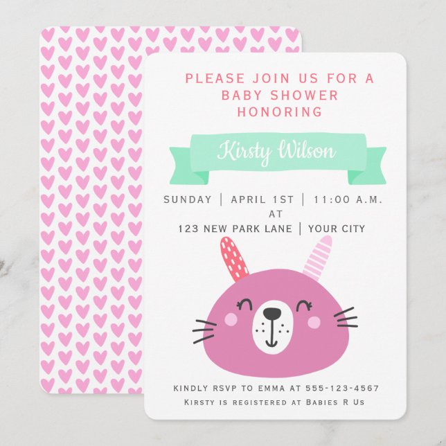 Convites Coelhinho De Bebê Rosa Bonito | CHÁ DE FRALDAS (Frente/Verso)