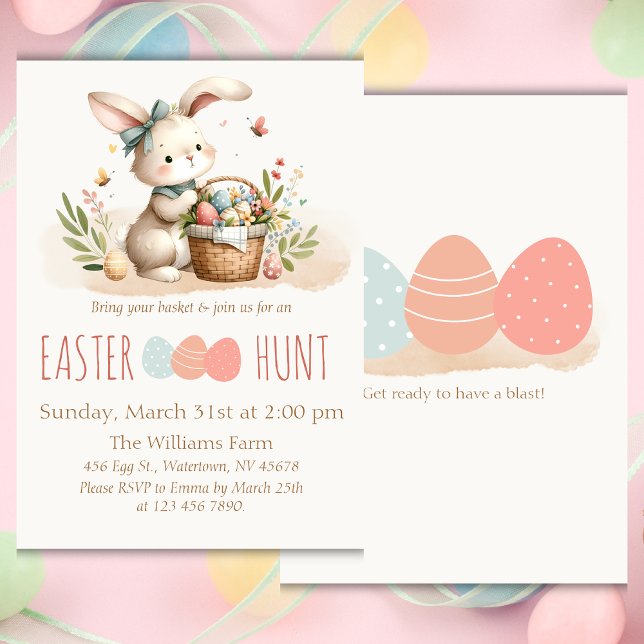 Convites Coelhinho De Caça De Ovo De Páscoa (Host a joyful Easter celebration with this fresh, cute, and colorful invitation. Gett yours today!)