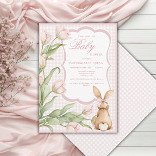 Convites Coelhinho de Gingham Rosa Tulipas Chá de Bebê Vint