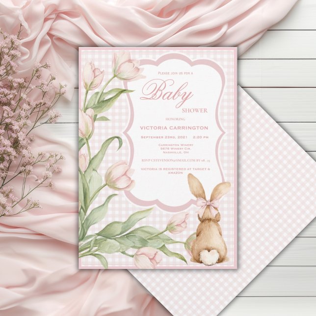 Convites Coelhinho de Gingham Rosa Tulipas Chá de Bebê Vint (Criador carregado)