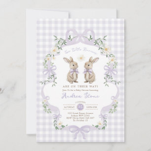 Convites Coelhinho de Laço Roxo Chás de Bebê Gêmeos