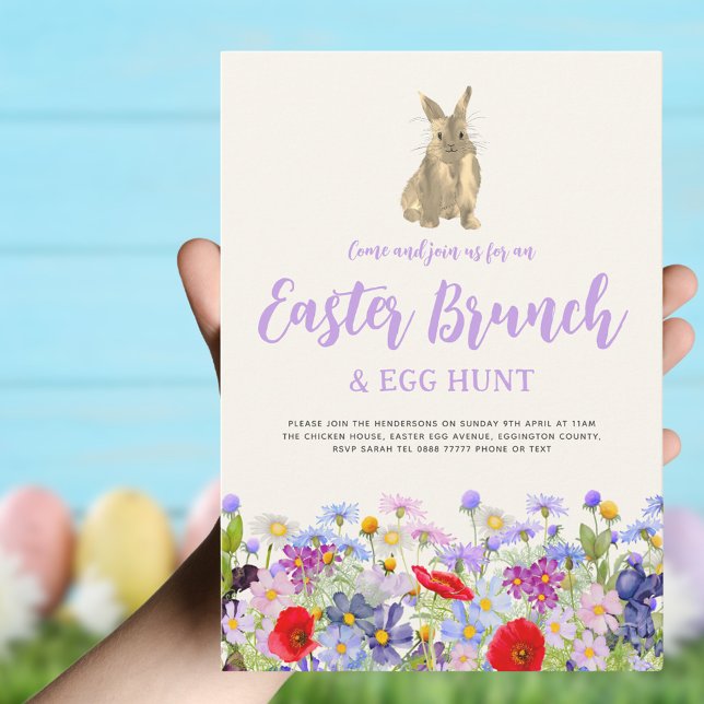 Convites Coelhinho de Páscoa de Flores Selvagens Brunch e C (Boho wildflower Easter brunch and egg hunt cute bunny invitation )